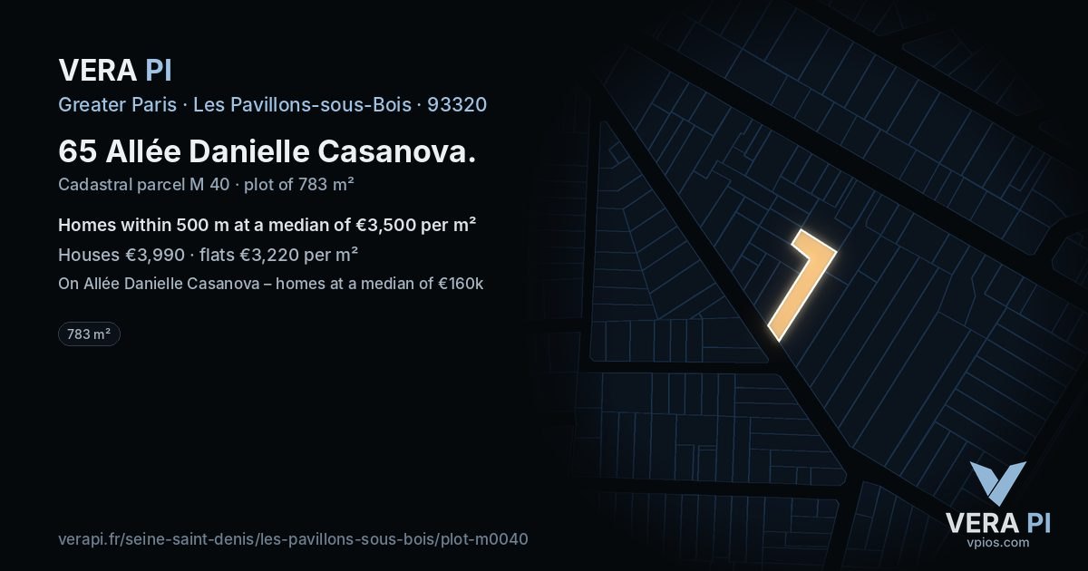 65 Allée Danielle Casanova, Les Pavillons-sous-Bois at night – the plot lit, the parcels around coloured by the prices near them
