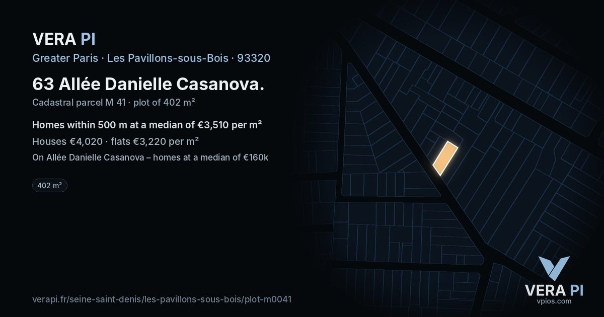 63 Allée Danielle Casanova, Les Pavillons-sous-Bois at night – the plot lit, the parcels around coloured by the prices near them
