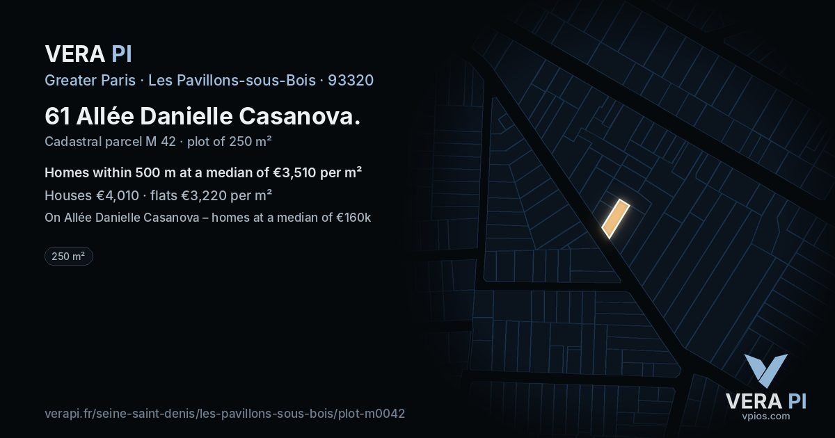 61 Allée Danielle Casanova, Les Pavillons-sous-Bois at night – the plot lit, the parcels around coloured by the prices near them