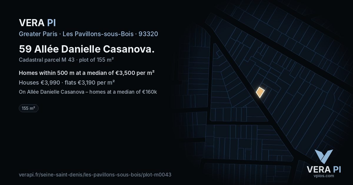 59 Allée Danielle Casanova, Les Pavillons-sous-Bois at night – the plot lit, the parcels around coloured by the prices near them