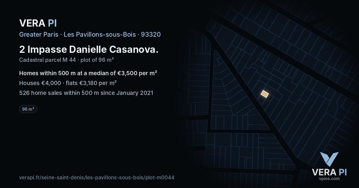 2 Impasse Danielle Casanova, Les Pavillons-sous-Bois at night – the plot lit, the parcels around coloured by the prices near them