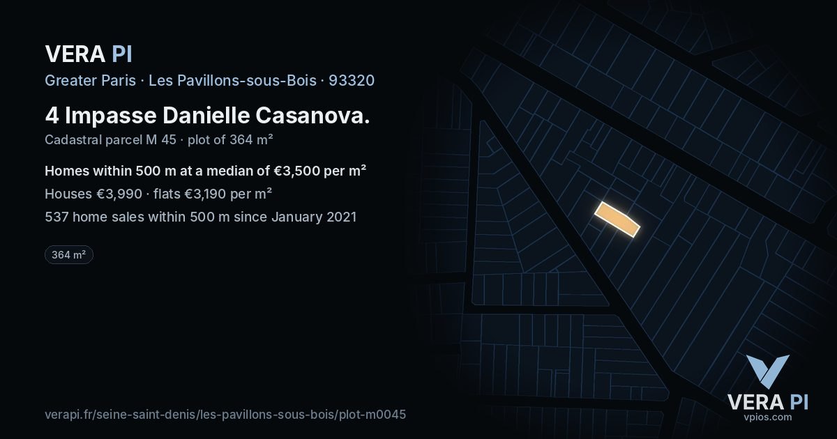 4 Impasse Danielle Casanova, Les Pavillons-sous-Bois at night – the plot lit, the parcels around coloured by the prices near them