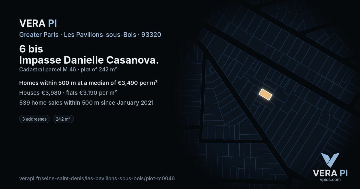6 bis Impasse Danielle Casanova, Les Pavillons-sous-Bois at night – the plot lit, the parcels around coloured by the prices near them