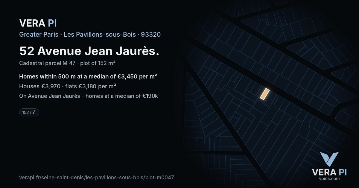 52 Avenue Jean Jaurès, Les Pavillons-sous-Bois at night – the plot lit, the parcels around coloured by the prices near them