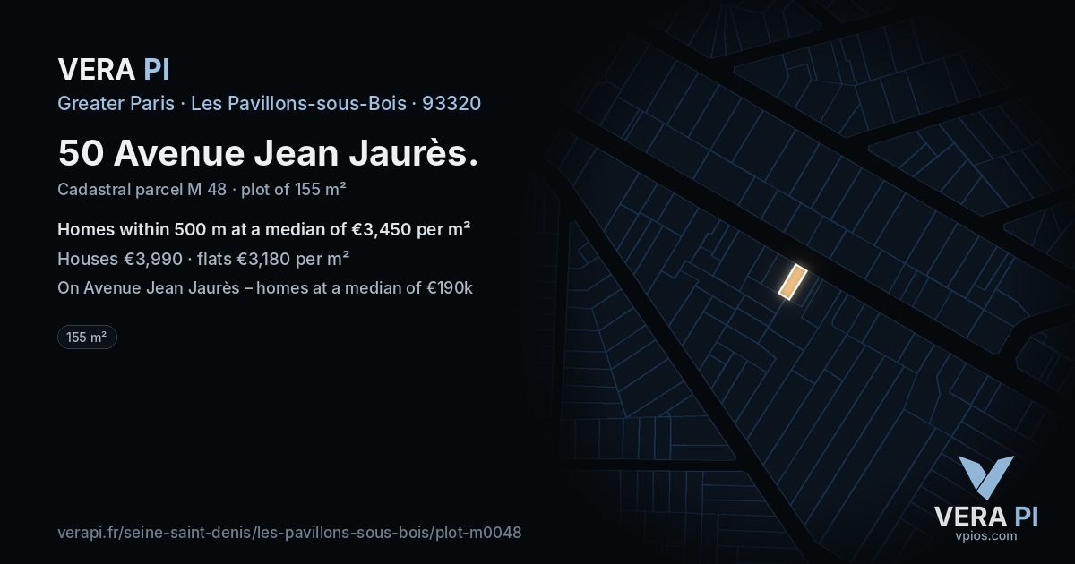 50 Avenue Jean Jaurès, Les Pavillons-sous-Bois at night – the plot lit, the parcels around coloured by the prices near them