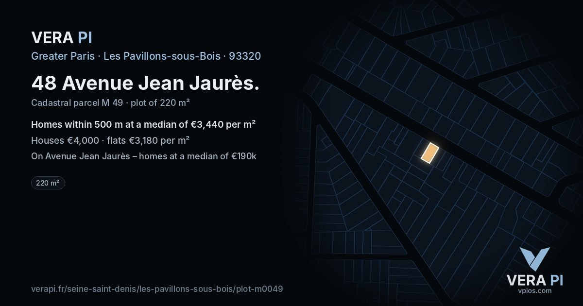 48 Avenue Jean Jaurès, Les Pavillons-sous-Bois at night – the plot lit, the parcels around coloured by the prices near them