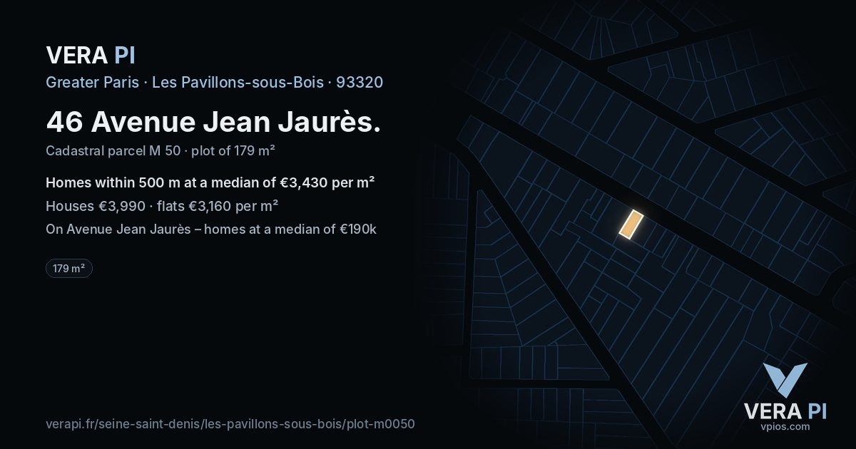 46 Avenue Jean Jaurès, Les Pavillons-sous-Bois at night – the plot lit, the parcels around coloured by the prices near them