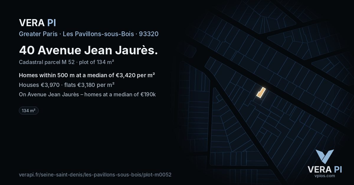 40 Avenue Jean Jaurès, Les Pavillons-sous-Bois at night – the plot lit, the parcels around coloured by the prices near them
