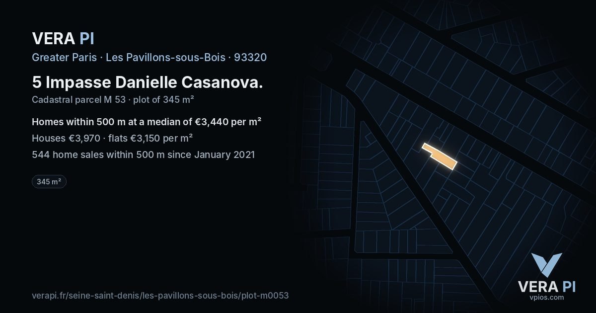 5 Impasse Danielle Casanova, Les Pavillons-sous-Bois at night – the plot lit, the parcels around coloured by the prices near them