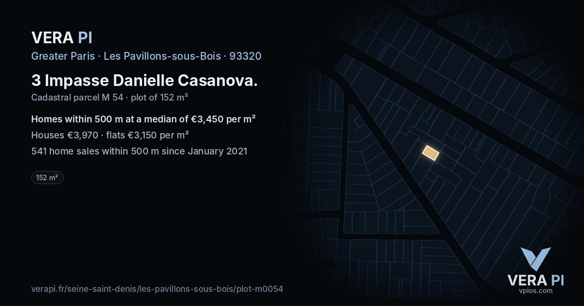 3 Impasse Danielle Casanova, Les Pavillons-sous-Bois at night – the plot lit, the parcels around coloured by the prices near them