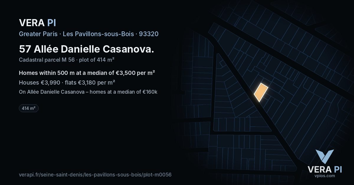 57 Allée Danielle Casanova, Les Pavillons-sous-Bois at night – the plot lit, the parcels around coloured by the prices near them