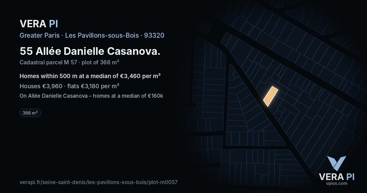 55 Allée Danielle Casanova, Les Pavillons-sous-Bois at night – the plot lit, the parcels around coloured by the prices near them