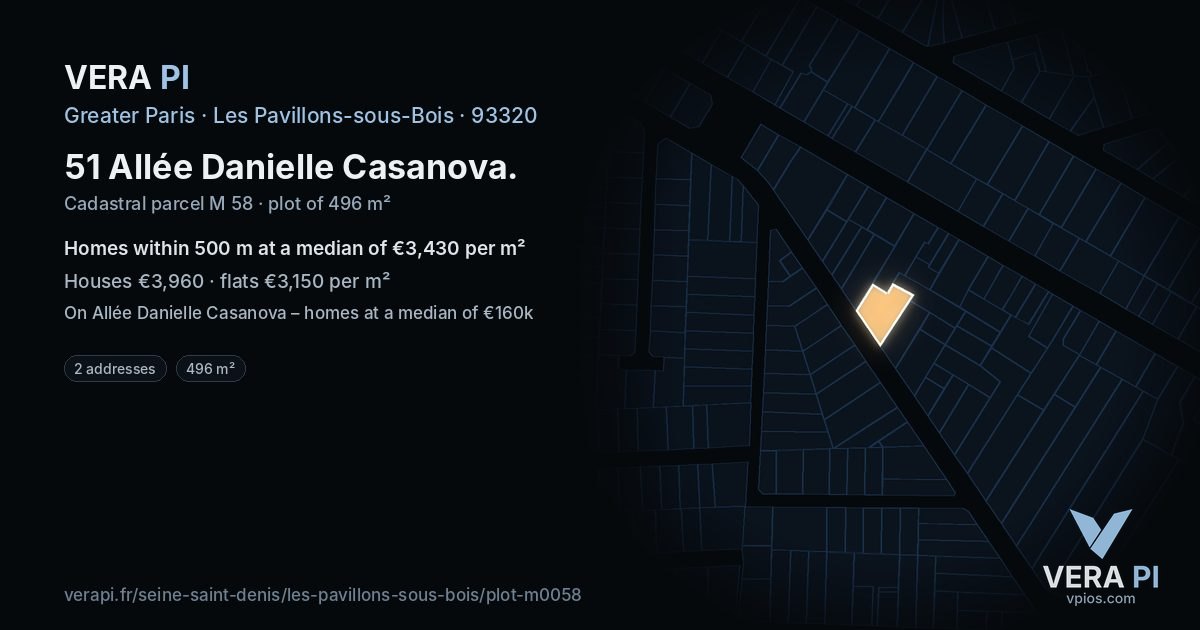 51 Allée Danielle Casanova, Les Pavillons-sous-Bois at night – the plot lit, the parcels around coloured by the prices near them