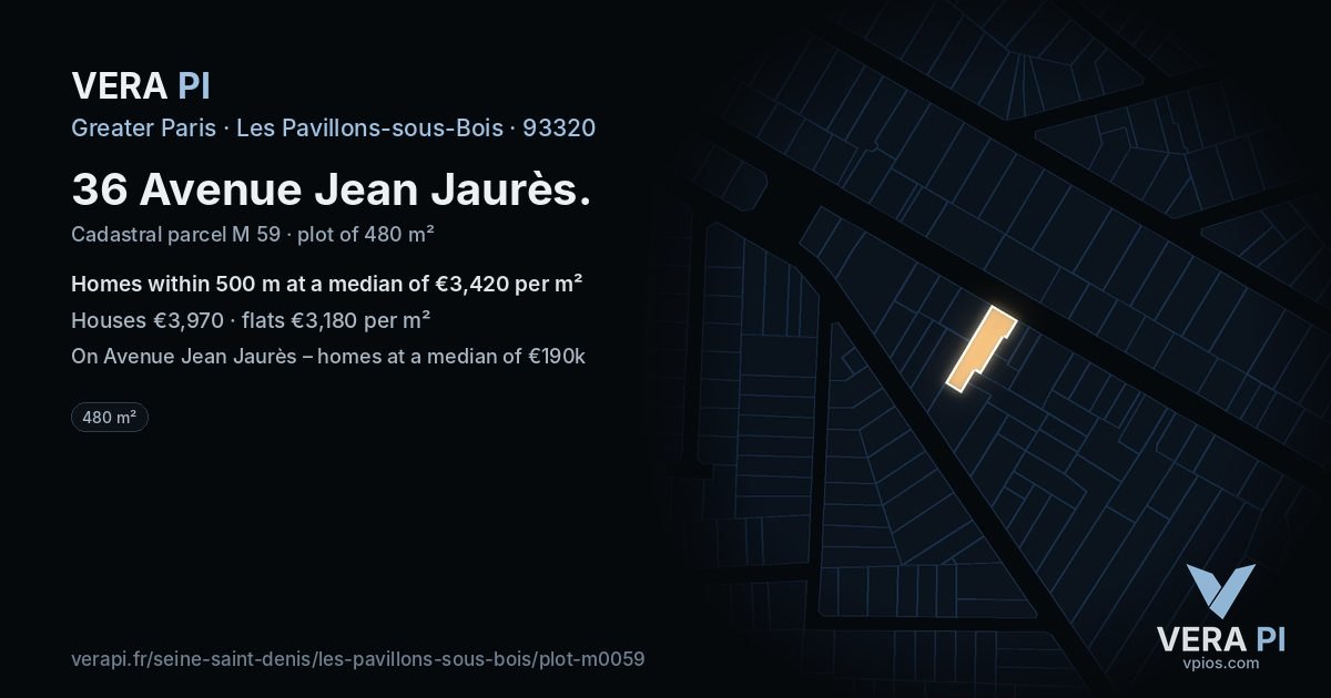 36 Avenue Jean Jaurès, Les Pavillons-sous-Bois at night – the plot lit, the parcels around coloured by the prices near them