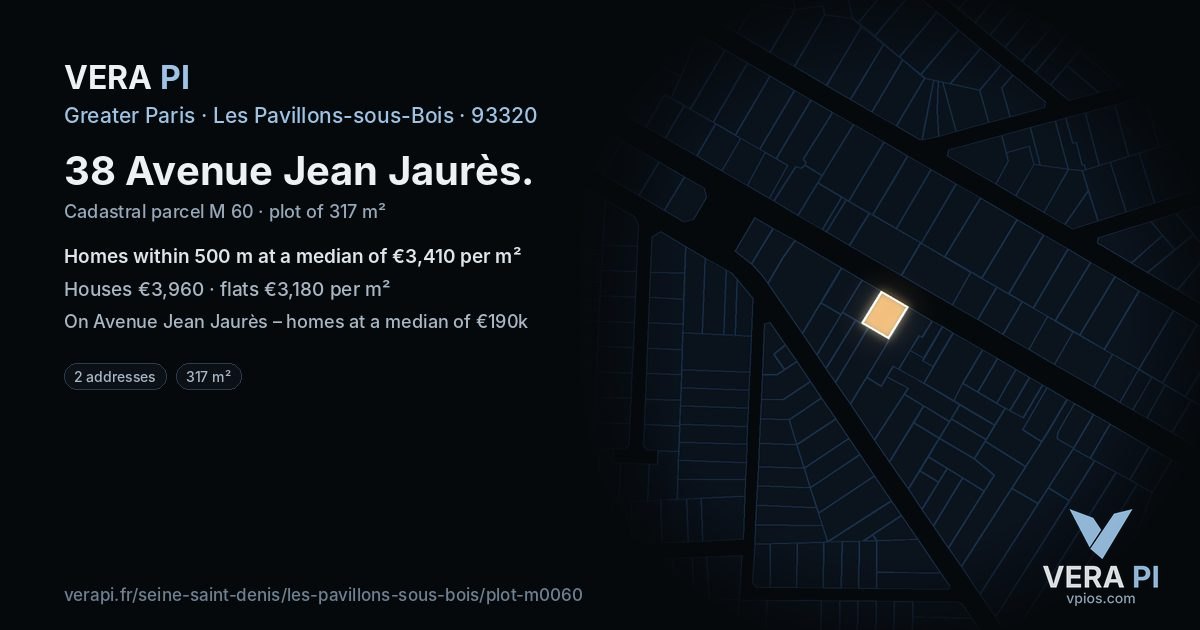 38 Avenue Jean Jaurès, Les Pavillons-sous-Bois at night – the plot lit, the parcels around coloured by the prices near them