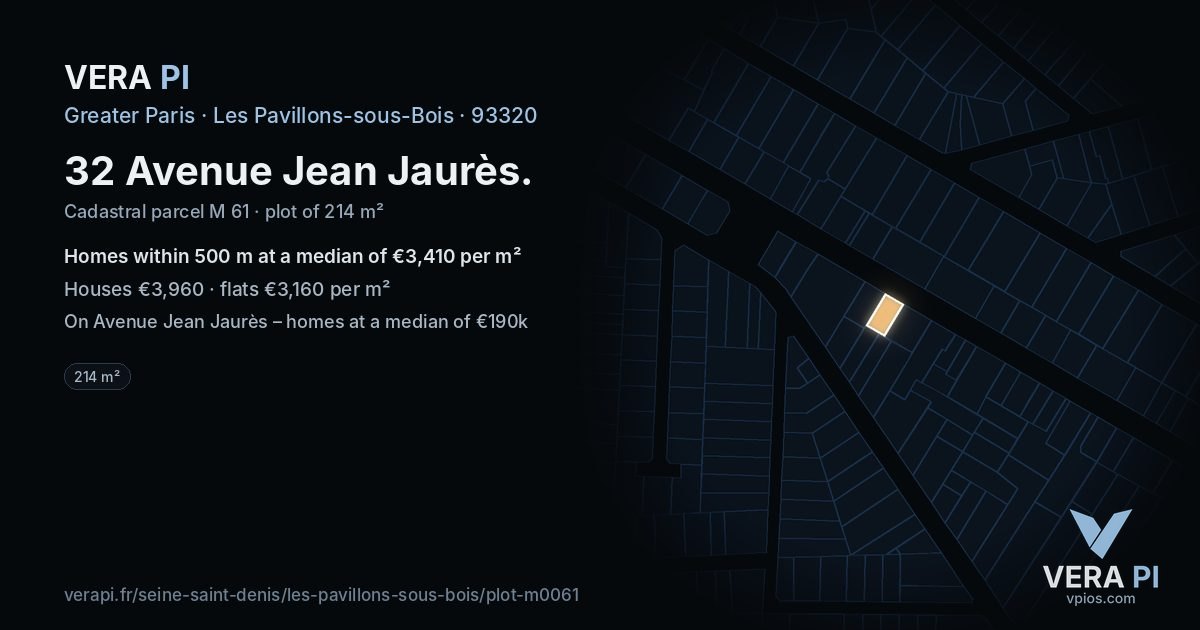 32 Avenue Jean Jaurès, Les Pavillons-sous-Bois at night – the plot lit, the parcels around coloured by the prices near them