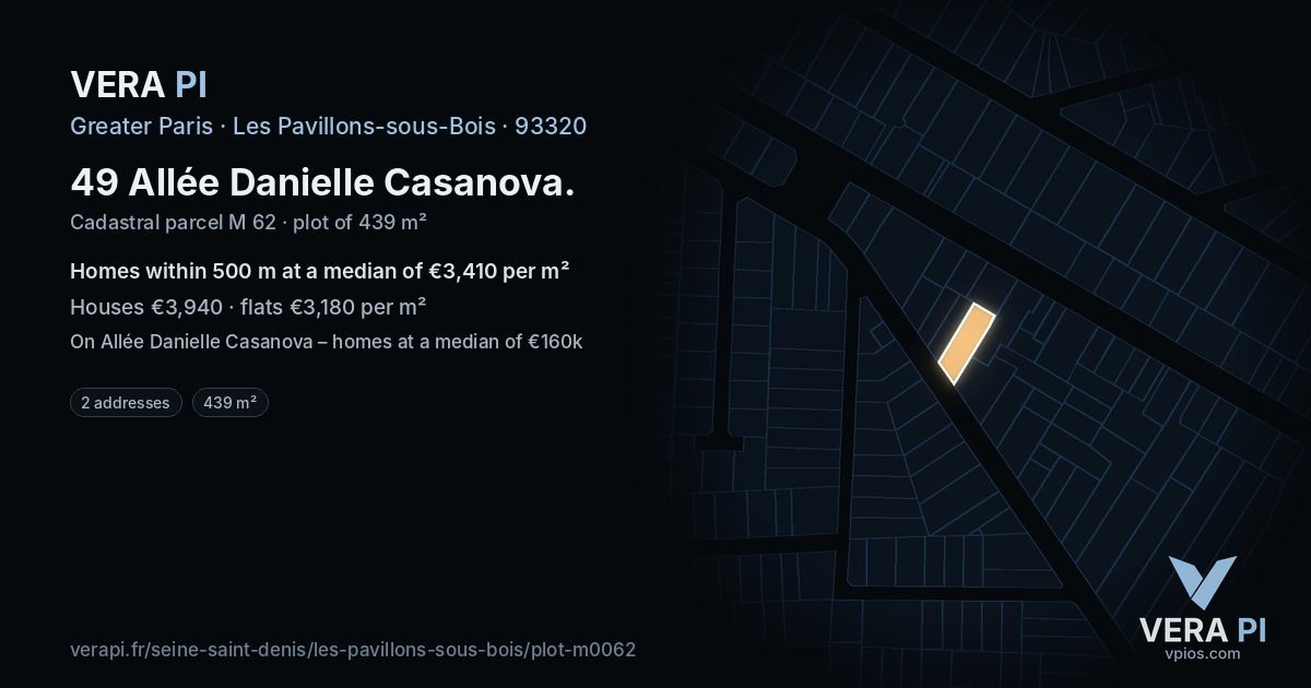 49 Allée Danielle Casanova, Les Pavillons-sous-Bois at night – the plot lit, the parcels around coloured by the prices near them
