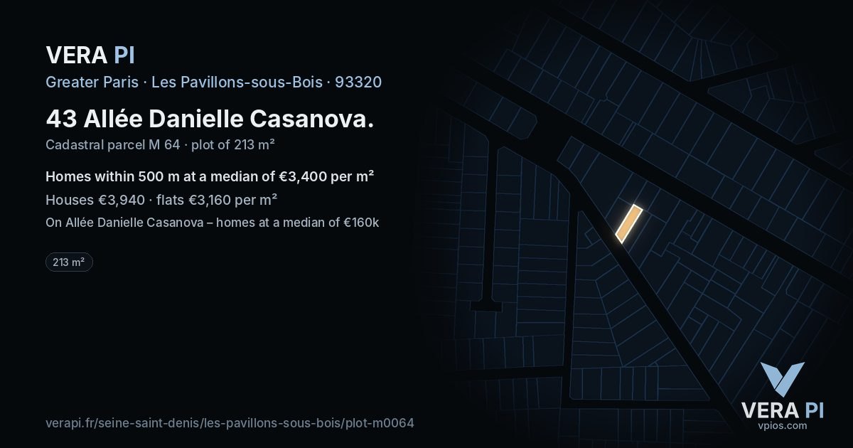 43 Allée Danielle Casanova, Les Pavillons-sous-Bois at night – the plot lit, the parcels around coloured by the prices near them