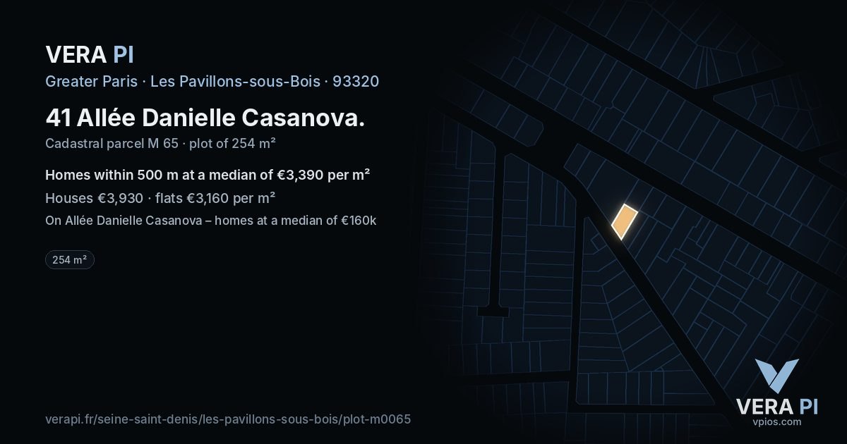 41 Allée Danielle Casanova, Les Pavillons-sous-Bois at night – the plot lit, the parcels around coloured by the prices near them