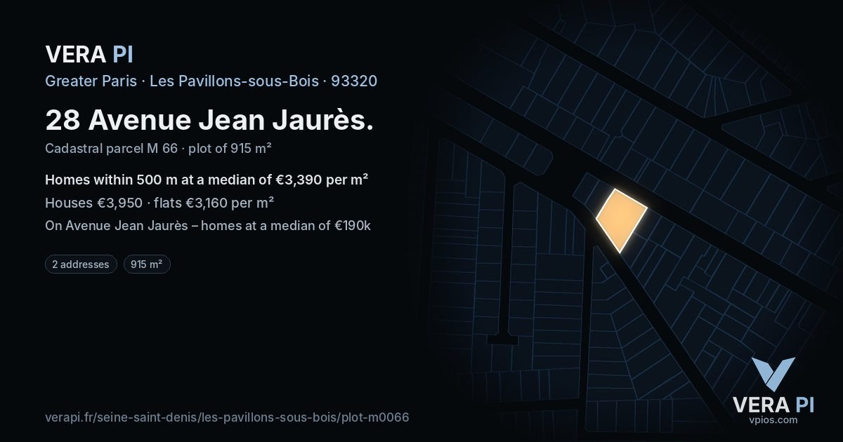 28 Avenue Jean Jaurès, Les Pavillons-sous-Bois at night – the plot lit, the parcels around coloured by the prices near them