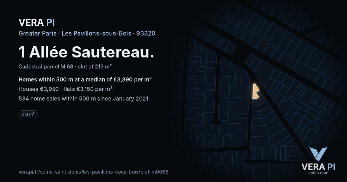 1 Allée Sautereau, Les Pavillons-sous-Bois at night – the plot lit, the parcels around coloured by the prices near them