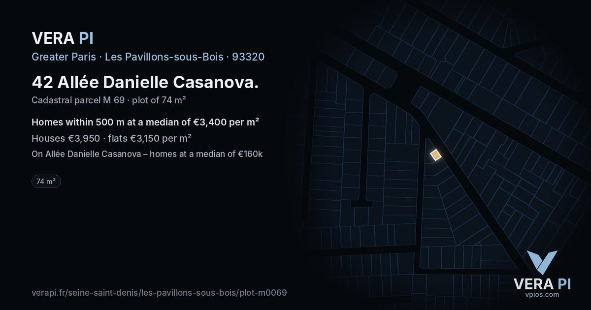 42 Allée Danielle Casanova, Les Pavillons-sous-Bois at night – the plot lit, the parcels around coloured by the prices near them