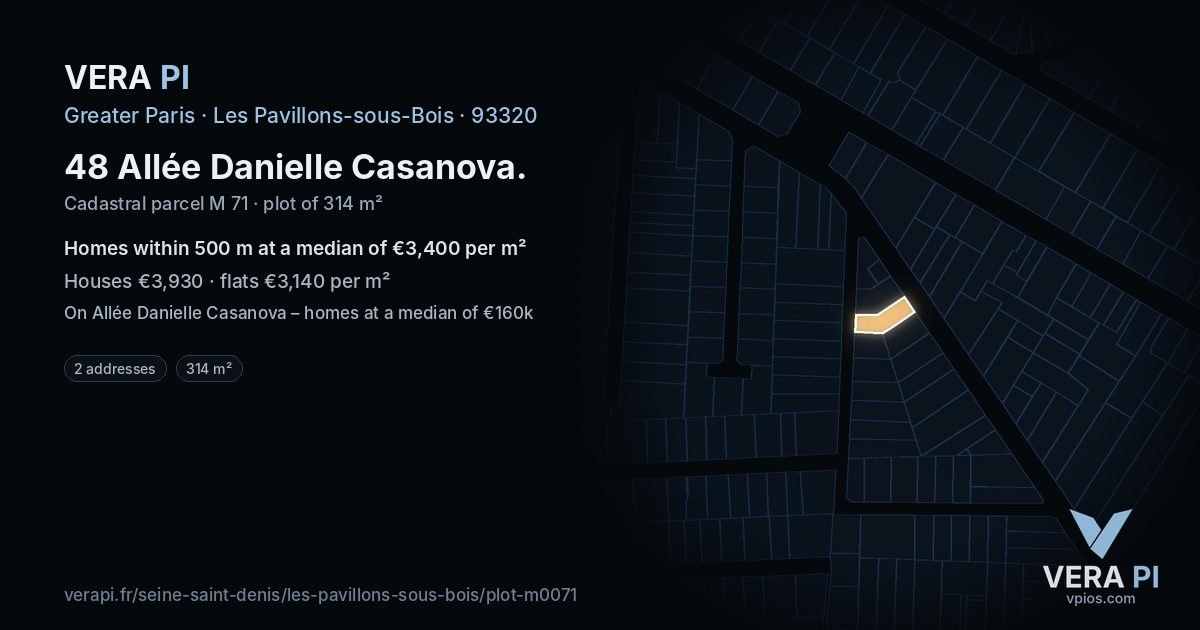 48 Allée Danielle Casanova, Les Pavillons-sous-Bois at night – the plot lit, the parcels around coloured by the prices near them