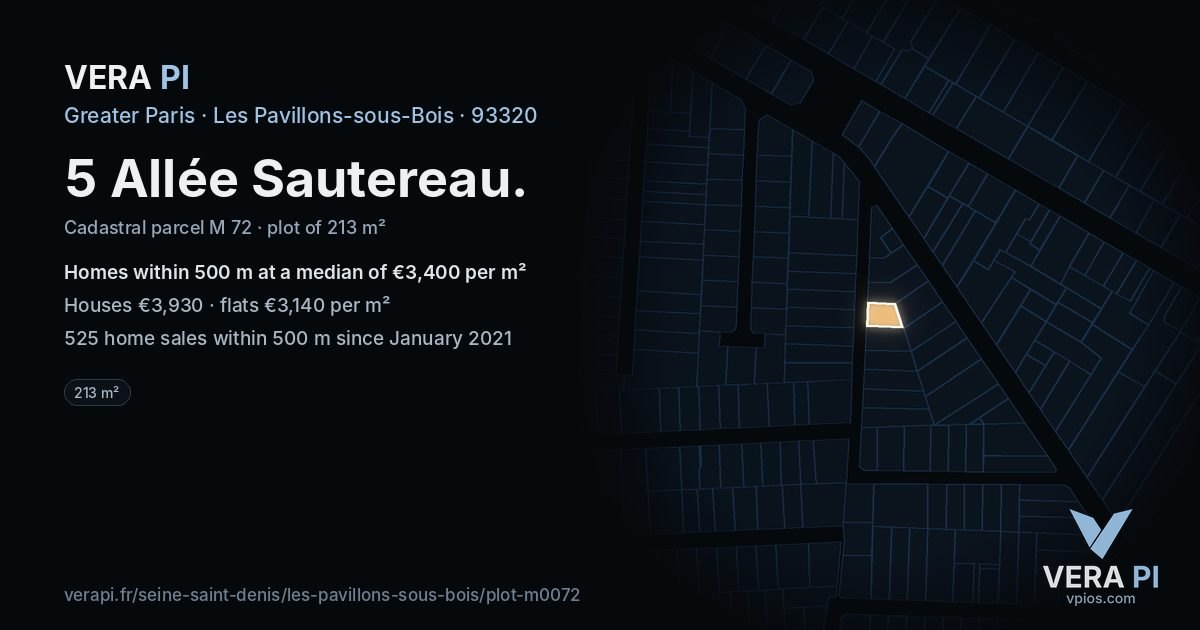 5 Allée Sautereau, Les Pavillons-sous-Bois at night – the plot lit, the parcels around coloured by the prices near them