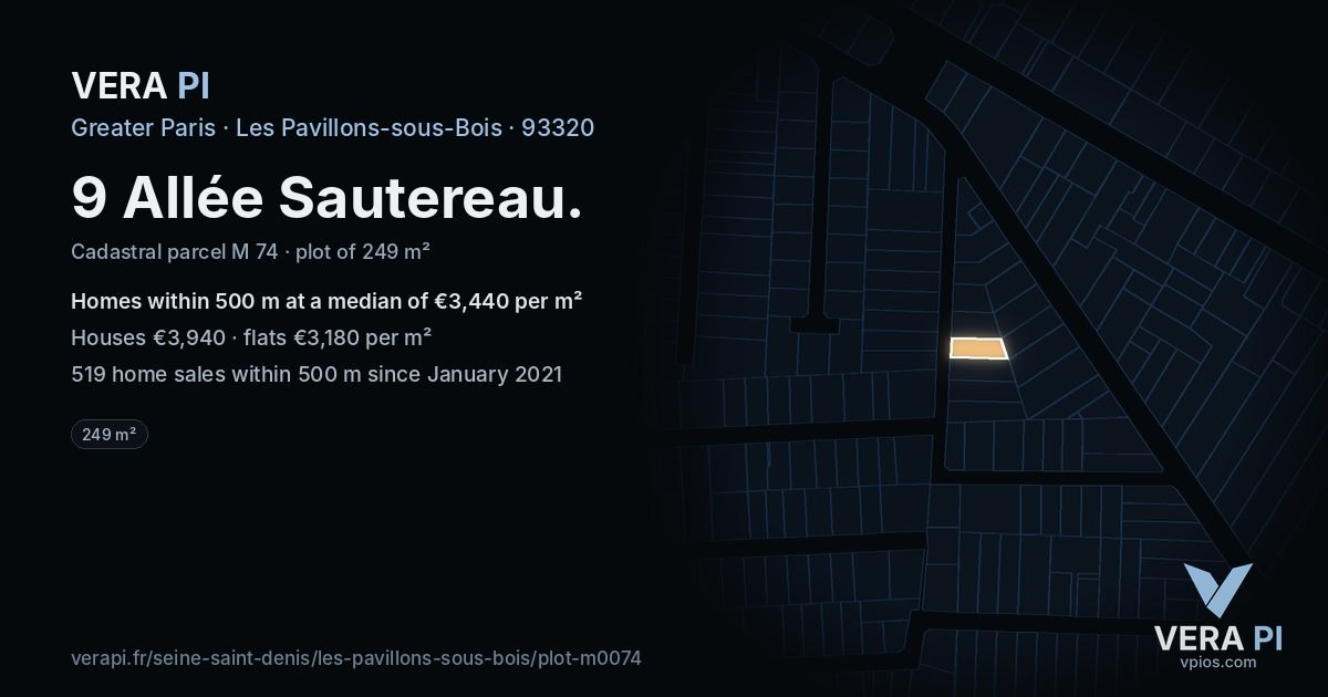9 Allée Sautereau, Les Pavillons-sous-Bois at night – the plot lit, the parcels around coloured by the prices near them
