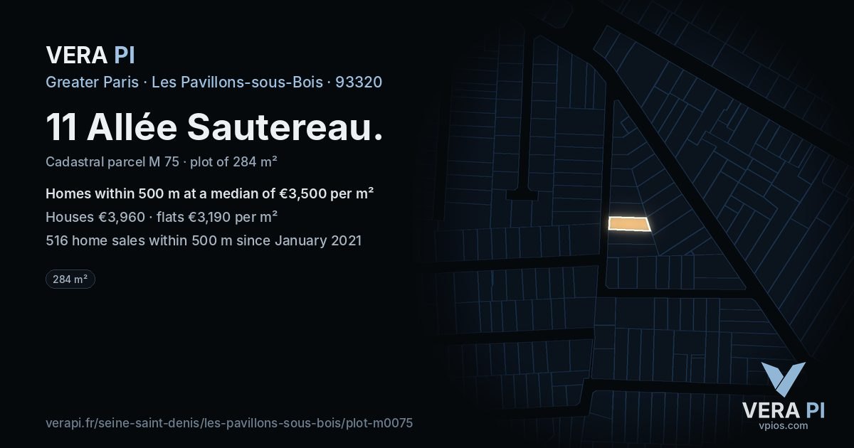 11 Allée Sautereau, Les Pavillons-sous-Bois at night – the plot lit, the parcels around coloured by the prices near them