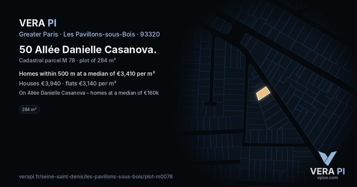 50 Allée Danielle Casanova, Les Pavillons-sous-Bois at night – the plot lit, the parcels around coloured by the prices near them
