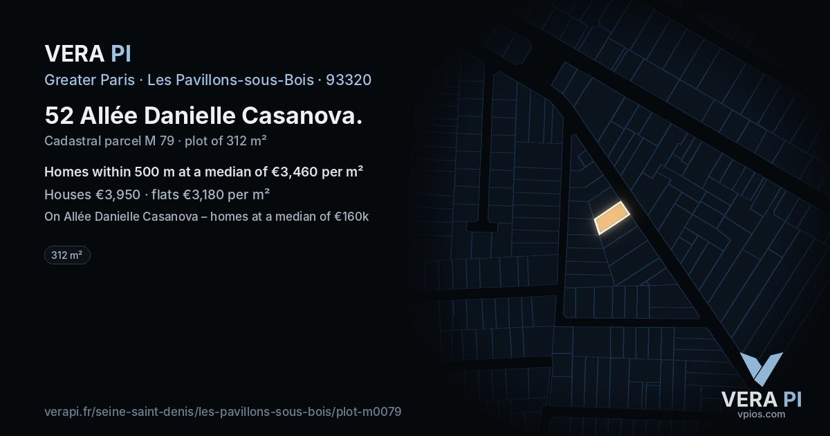 52 Allée Danielle Casanova, Les Pavillons-sous-Bois at night – the plot lit, the parcels around coloured by the prices near them