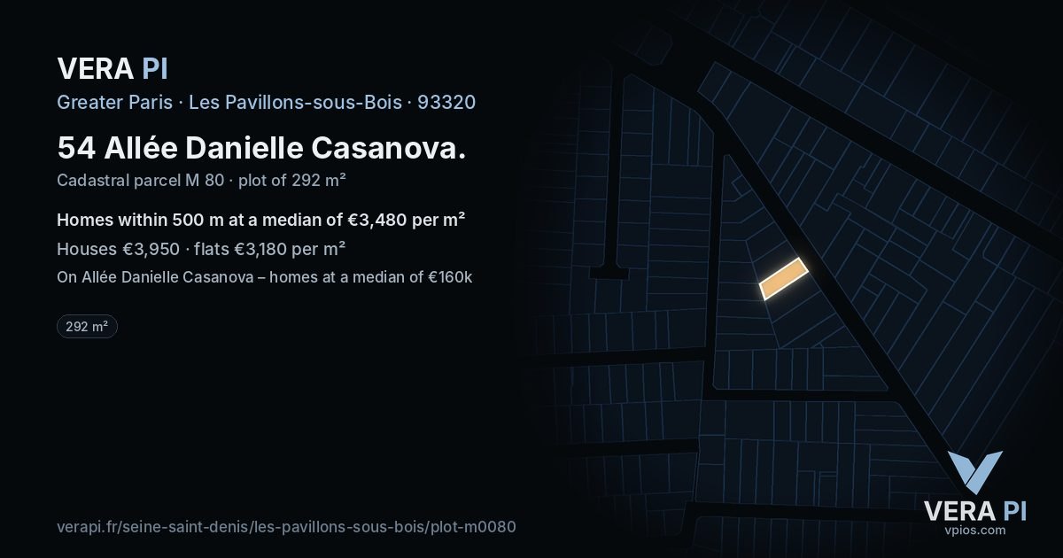 54 Allée Danielle Casanova, Les Pavillons-sous-Bois at night – the plot lit, the parcels around coloured by the prices near them