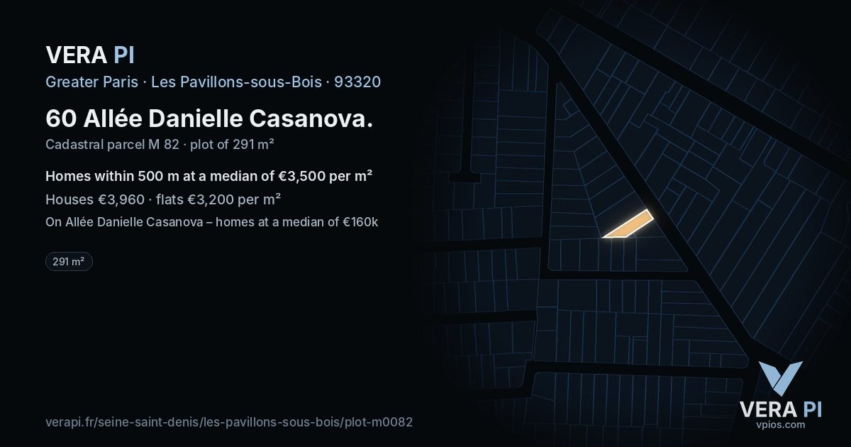 60 Allée Danielle Casanova, Les Pavillons-sous-Bois at night – the plot lit, the parcels around coloured by the prices near them