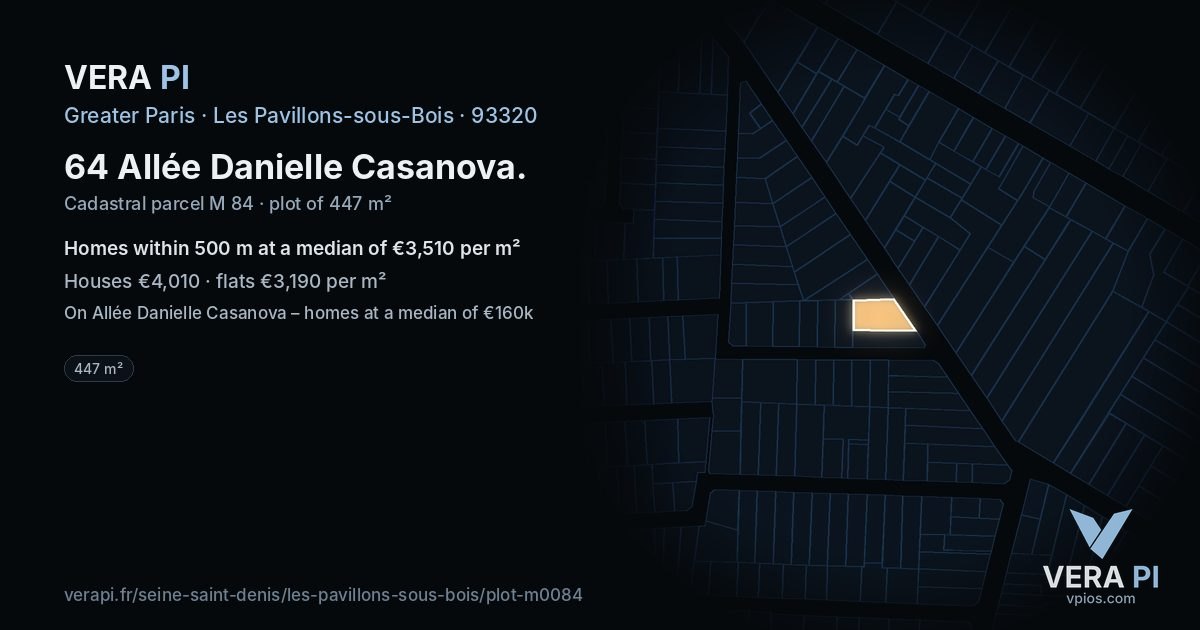 64 Allée Danielle Casanova, Les Pavillons-sous-Bois at night – the plot lit, the parcels around coloured by the prices near them