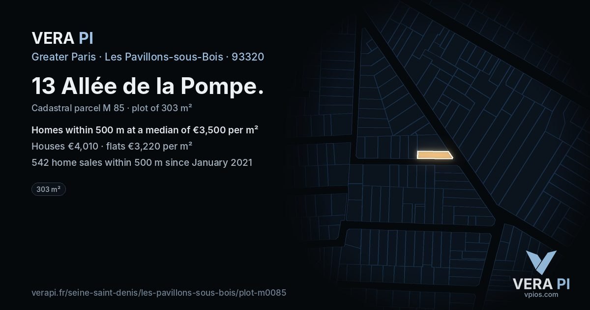 13 Allée de la Pompe, Les Pavillons-sous-Bois at night – the plot lit, the parcels around coloured by the prices near them