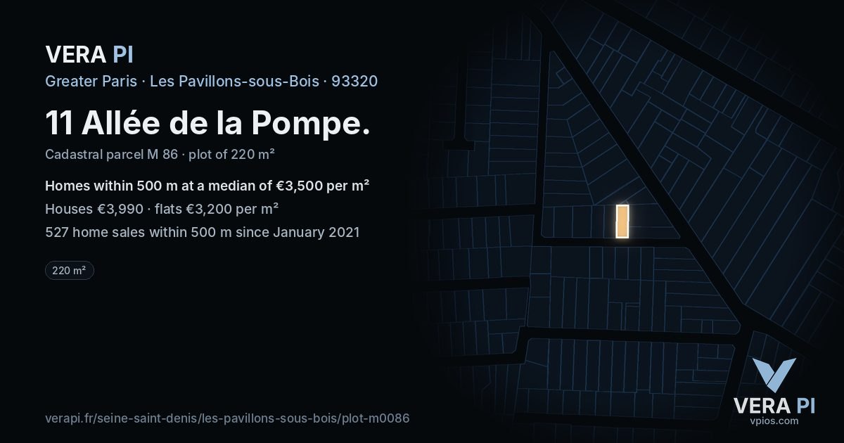 11 Allée de la Pompe, Les Pavillons-sous-Bois at night – the plot lit, the parcels around coloured by the prices near them