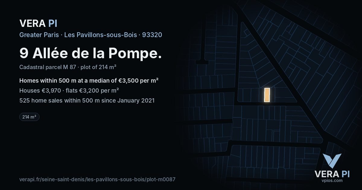 9 Allée de la Pompe, Les Pavillons-sous-Bois at night – the plot lit, the parcels around coloured by the prices near them