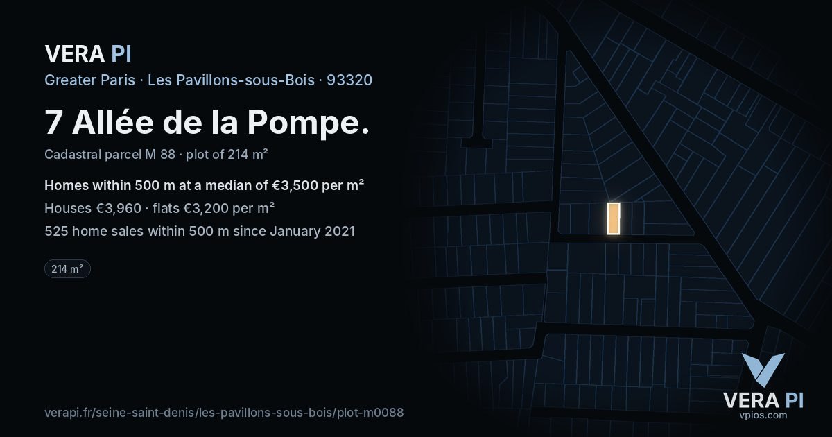 7 Allée de la Pompe, Les Pavillons-sous-Bois at night – the plot lit, the parcels around coloured by the prices near them