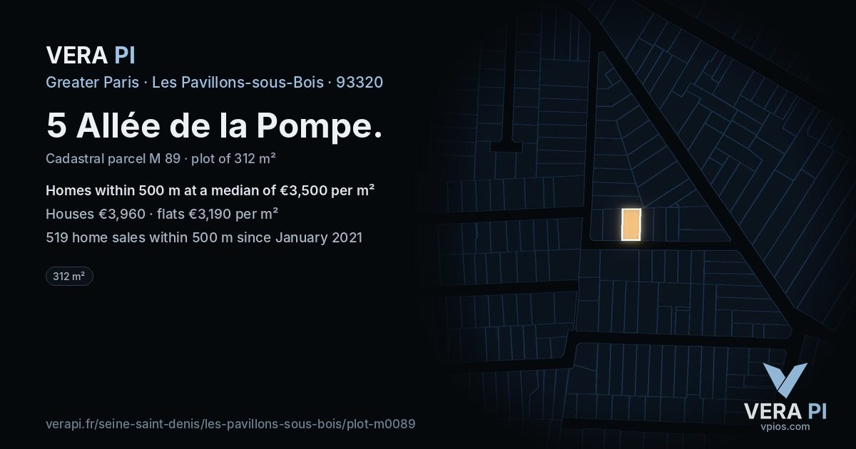 5 Allée de la Pompe, Les Pavillons-sous-Bois at night – the plot lit, the parcels around coloured by the prices near them