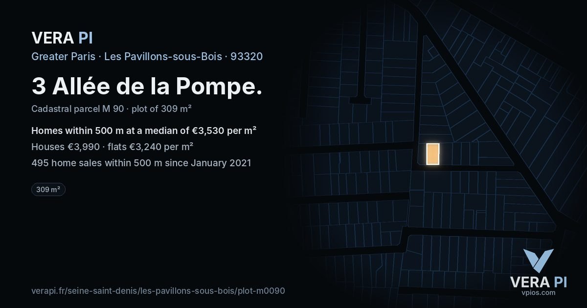 3 Allée de la Pompe, Les Pavillons-sous-Bois at night – the plot lit, the parcels around coloured by the prices near them