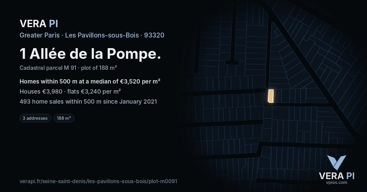 1 Allée de la Pompe, Les Pavillons-sous-Bois at night – the plot lit, the parcels around coloured by the prices near them