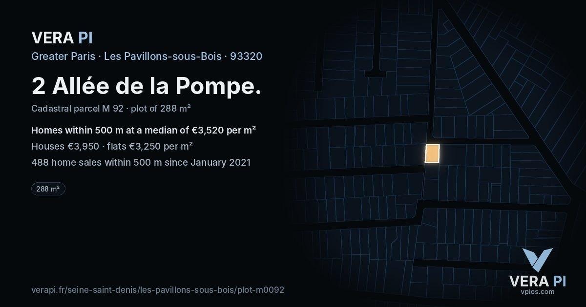 2 Allée de la Pompe, Les Pavillons-sous-Bois at night – the plot lit, the parcels around coloured by the prices near them