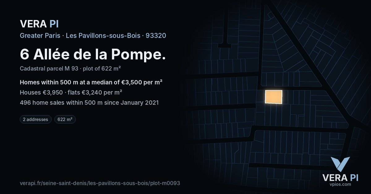 6 Allée de la Pompe, Les Pavillons-sous-Bois at night – the plot lit, the parcels around coloured by the prices near them