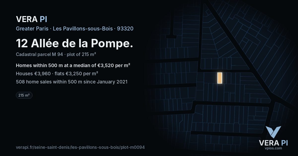 12 Allée de la Pompe, Les Pavillons-sous-Bois at night – the plot lit, the parcels around coloured by the prices near them