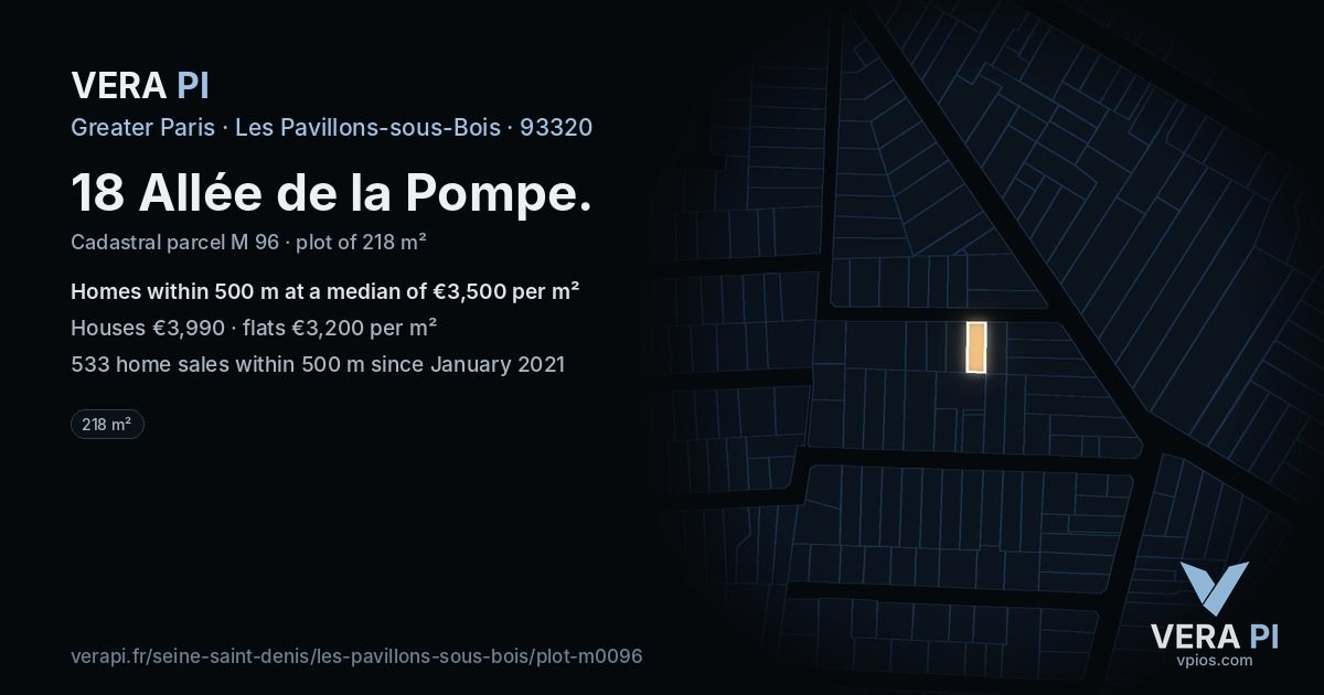 18 Allée de la Pompe, Les Pavillons-sous-Bois at night – the plot lit, the parcels around coloured by the prices near them