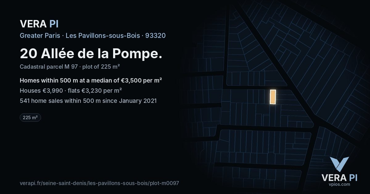 20 Allée de la Pompe, Les Pavillons-sous-Bois at night – the plot lit, the parcels around coloured by the prices near them
