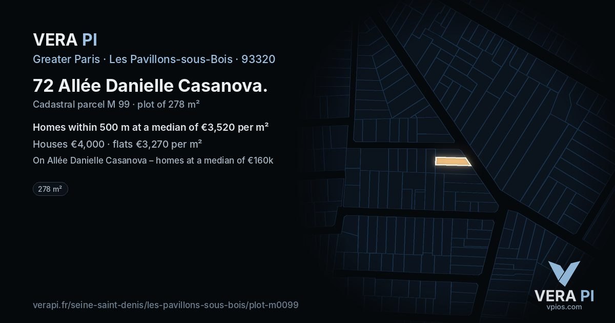 72 Allée Danielle Casanova, Les Pavillons-sous-Bois at night – the plot lit, the parcels around coloured by the prices near them