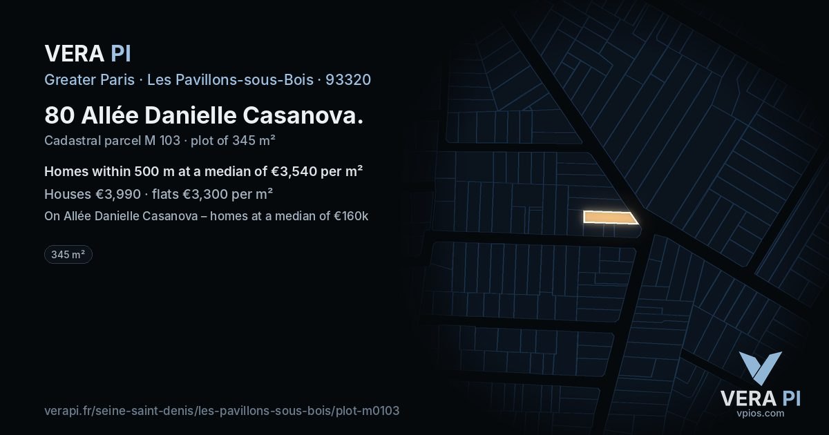 80 Allée Danielle Casanova, Les Pavillons-sous-Bois at night – the plot lit, the parcels around coloured by the prices near them