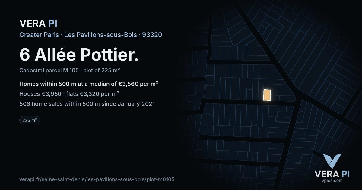 6 Allée Pottier, Les Pavillons-sous-Bois at night – the plot lit, the parcels around coloured by the prices near them